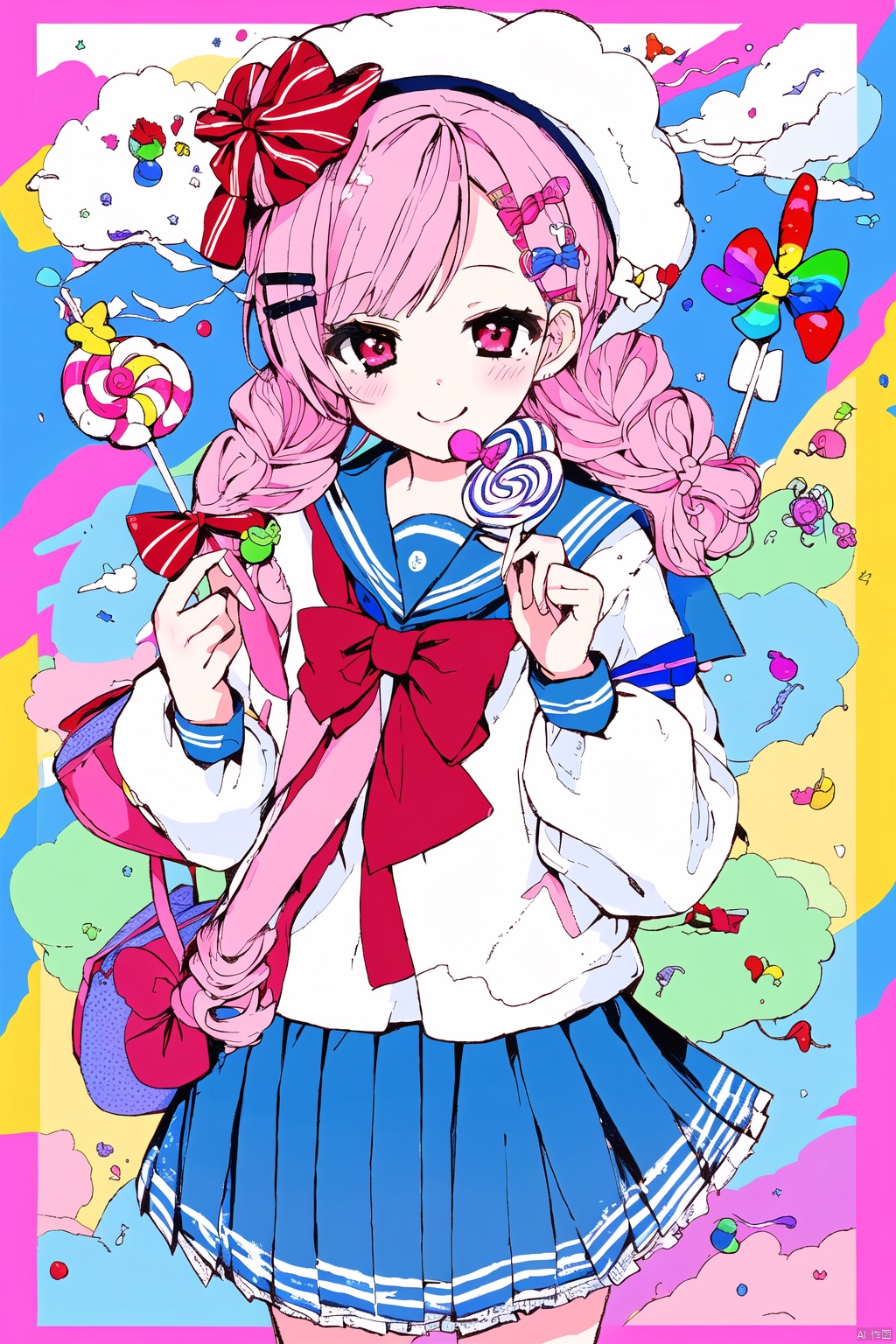 1girl, solo, long hair, looking at viewer, smile, skirt, hair ornament, hat, bow, ribbon, school uniform, pink hair, braid, flower, hair bow, pleated skirt, food, serafuku, hairclip, cloud, pink eyes, star \(symbol\), twin braids, blue skirt, candy, lollipop, rainbow, sheep, swirl lollipop