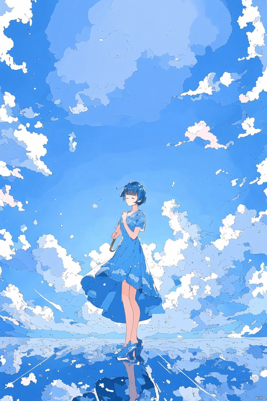 1girl, solo, short hair, dress, holding, blue hair, standing, closed eyes, short sleeves, sky, shoes, cloud, blue sky, blue dress, umbrella, white footwear, blue theme, wide shot