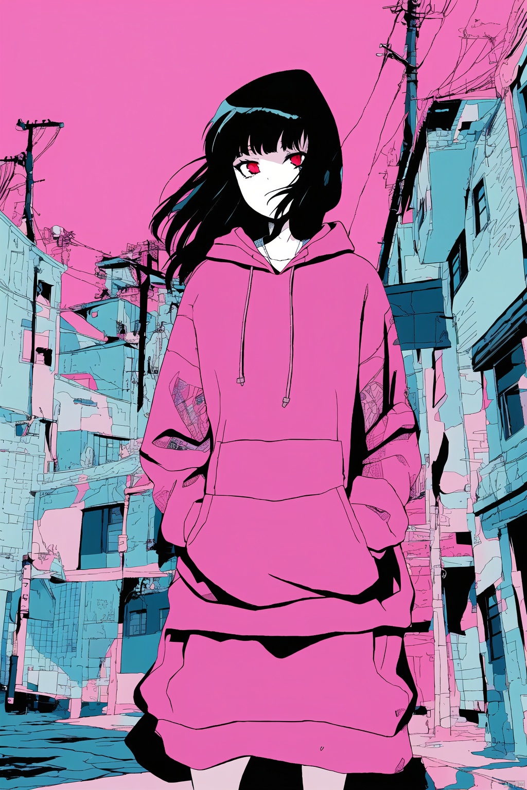 1girl, solo, long hair, bangs, black hair, red eyes, long sleeves, standing, jacket, outdoors, hood, pink eyes, bag, hoodie, floating hair, pink background, hood down, wind, building, hands in pockets, limited palette, power lines, flat color, utility pole