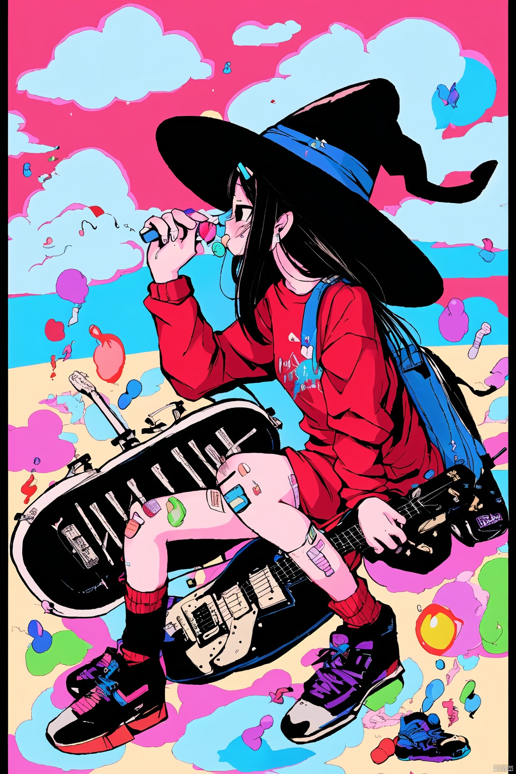 1girl, solo, long hair, shirt, black hair, long sleeves, hat, sitting, shoes, shorts, socks, cloud, bag, black footwear, black eyes, black headwear, profile, witch hat, white socks, red shirt, sneakers, instrument, bandaid, hand on headwear, guitar, electric guitar, bubble blowing, chewing gum, skateboard