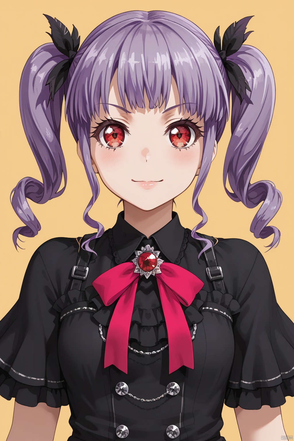 1girl, solo, looking at viewer,Udagawa Ako,bangs,red eyes,twintails,purple hair