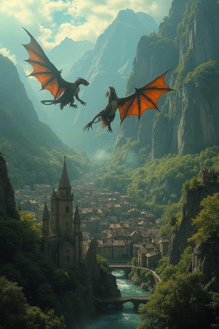 An aerial view of a picturesque village nestled in a lush valley,  surrounded by towering mountains. Majestic dragons soar...