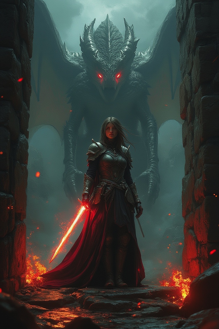 A majestic woman stands tall,  wielding a glowing sword,  her armor glinting under the dim dungeon lighting. A fearsome dr...