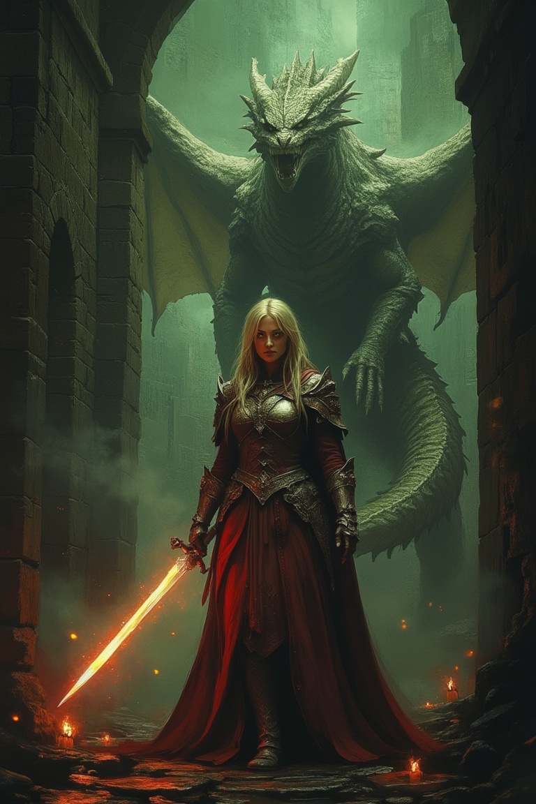A majestic woman stands tall,  wielding a glowing sword,  her armor glinting under the dim dungeon lighting. A fearsome dr...