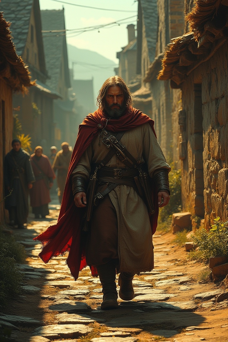 A rugged man strides confidently through a quaint village,  his cloak billowing in the breeze. The cobblestone streets are...
