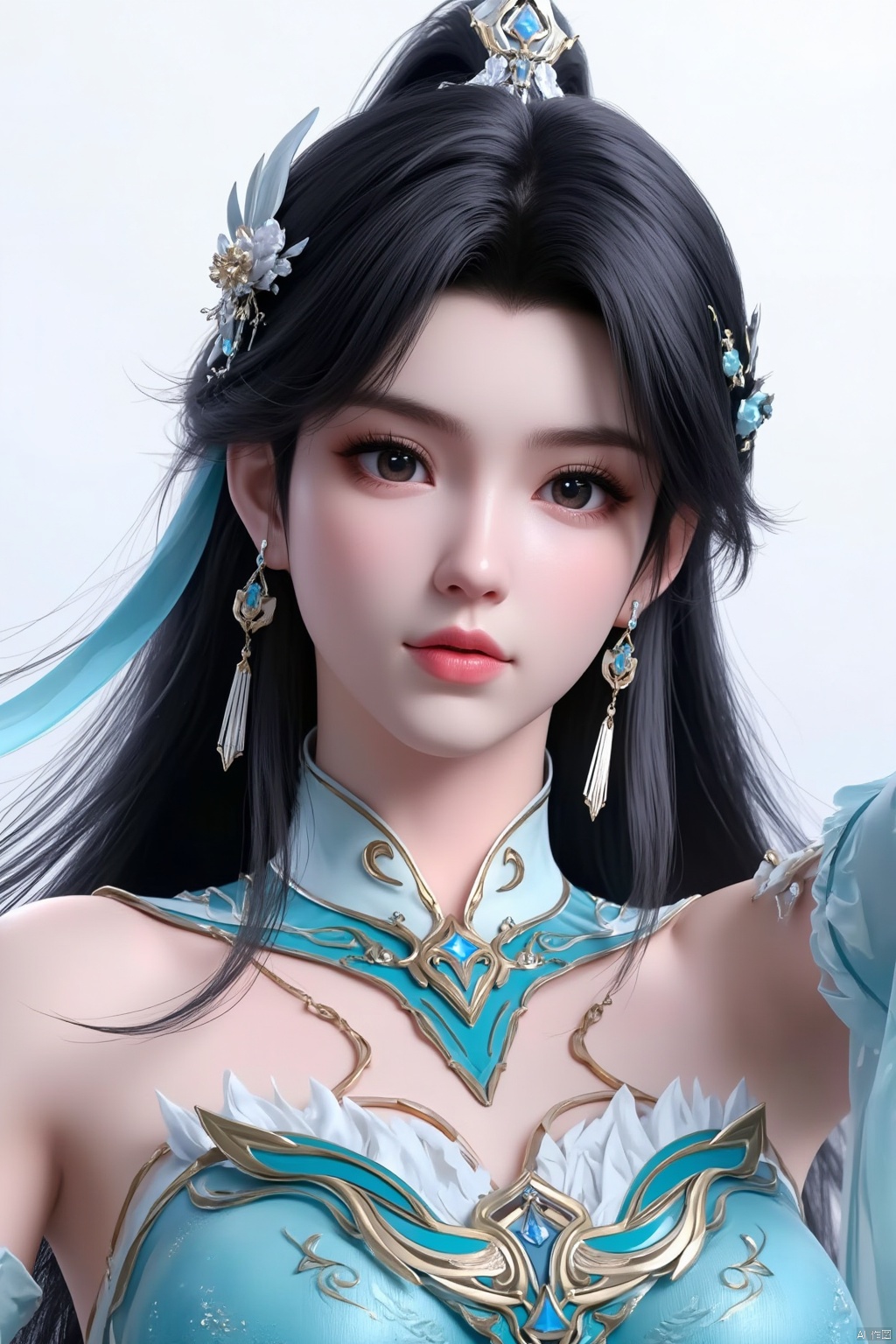 1girl, solo, long hair, looking at viewer, black hair, hair ornament, dress, bare shoulders, jewelry, closed mouth, upper body, earrings, shiny, hair bun, detached collar, blue dress, expressionless