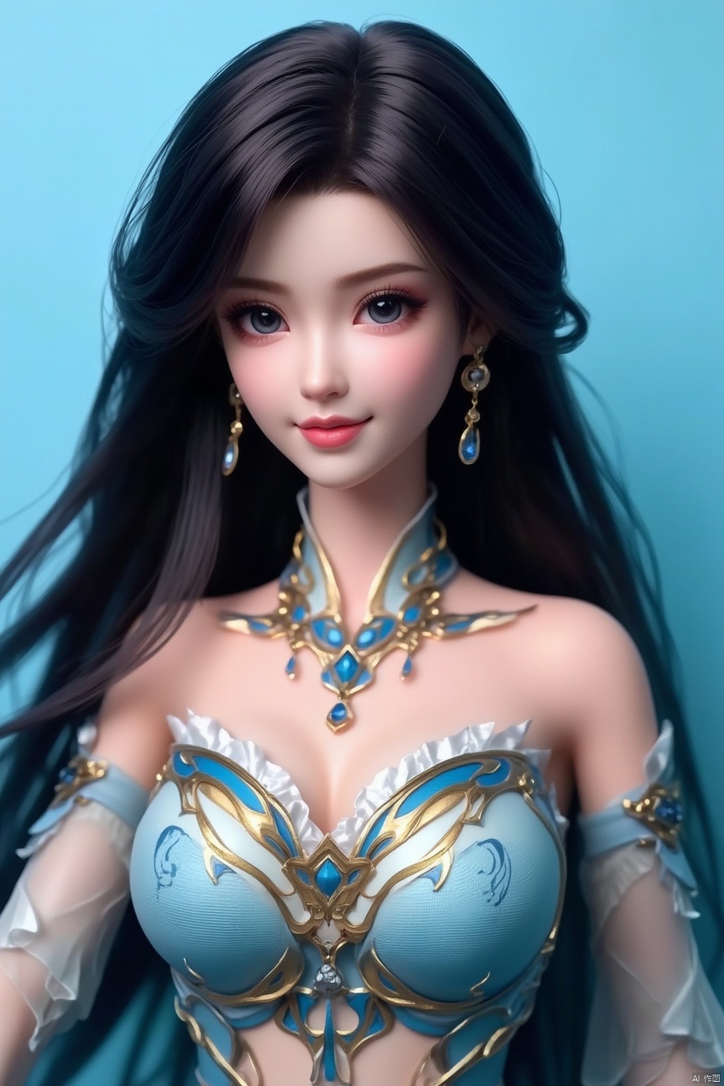 a close-up shot of a woman with long dark hair, wearing a blue and white bra, adorned with a necklace and earrings. The doll's eyes are a piercing blue, and her eyebrows are a darker shade of brown. Her lips are a lighter shade of pink, and she has a slight smile on her lips. Her hair cascades over her shoulders, adding a pop of color to the scene. The backdrop is a light blue, creating a stark contrast to the doll's outfit.