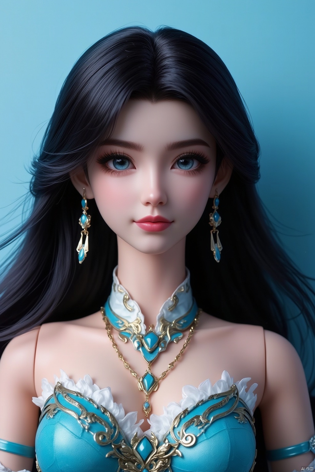 a close-up shot of a female doll with long dark hair, wearing a blue and white bra, adorned with a necklace and earrings. The doll's eyes are a piercing blue, and her eyebrows are a darker shade of brown. Her lips are a lighter shade of pink, and she has a slight smile on her lips. Her hair cascades over her shoulders, adding a pop of color to the scene. The backdrop is a light blue, creating a stark contrast to the doll's outfit.
