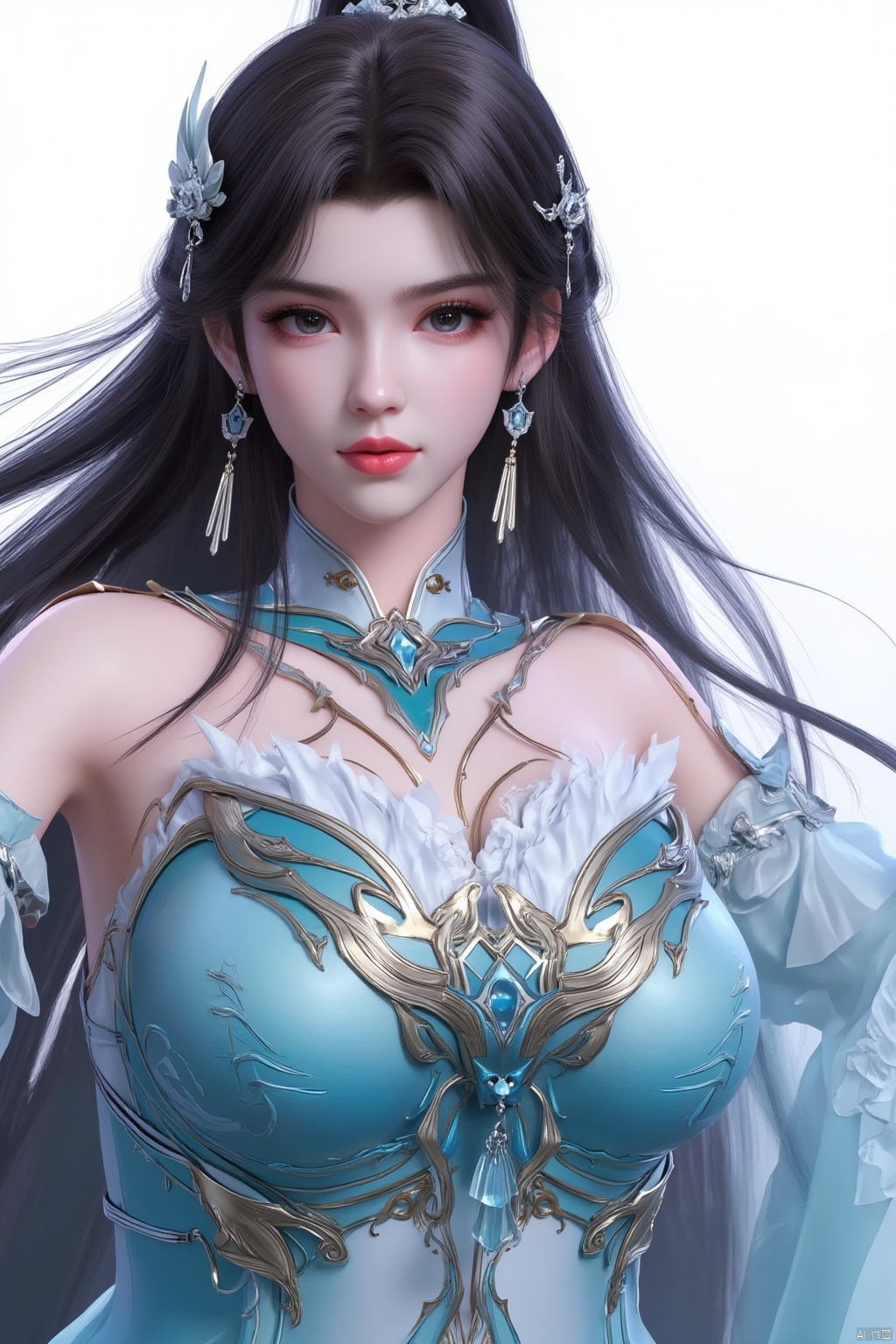 1girl, solo, long hair, looking at viewer, black hair, hair ornament, dress, bare shoulders, jewelry, closed mouth, upper body, earrings, shiny, hair bun, detached collar, blue dress, expressionless