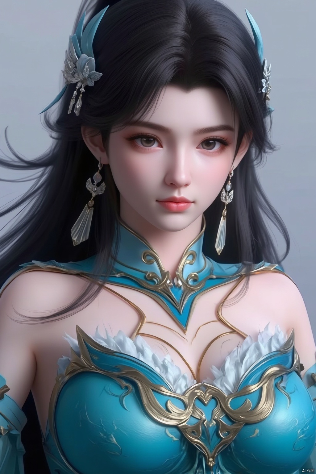 1girl, solo, long hair, looking at viewer, black hair, hair ornament, dress, bare shoulders, jewelry, closed mouth, upper body, earrings, shiny, hair bun, detached collar, blue dress, expressionless