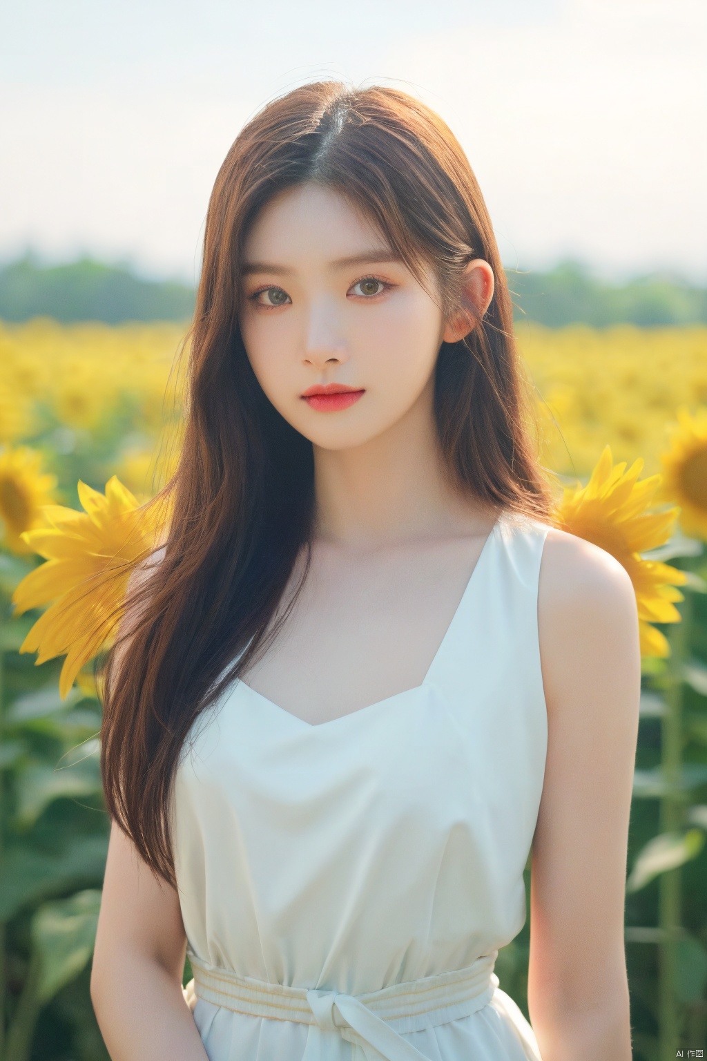 (mature body), (upper body:1.5), nikon RAW photo,8 k, Fujifilm XT3,masterpiece, best quality, realistic, photorealistic, ultra detailed, extremely detailed face, solo,1girl, standing, fashionable and trendy atmosphere, and a stylish expression on her face, close up, (narrow waist), white dress on field of sun flowers,