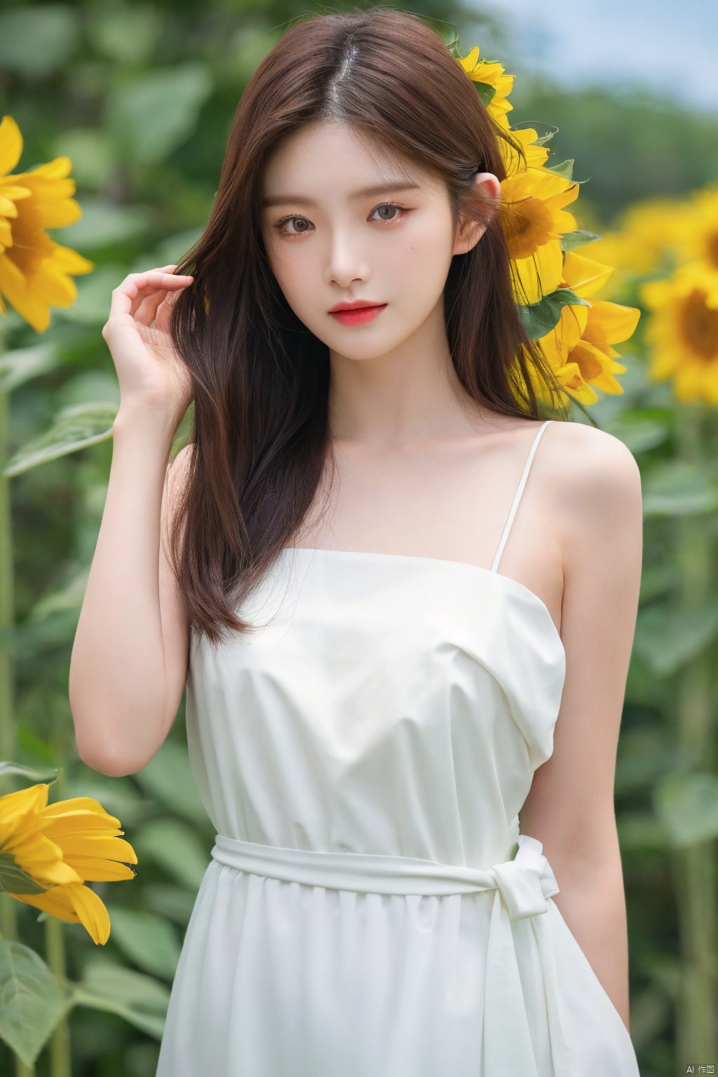 (mature body), (upper body:1.5), nikon RAW photo,8 k, Fujifilm XT3,masterpiece, best quality, realistic, photorealistic, ultra detailed, extremely detailed face, solo,1girl, standing, fashionable and trendy atmosphere, and a stylish expression on her face, close up, (narrow waist), white dress on field of sun flowers,