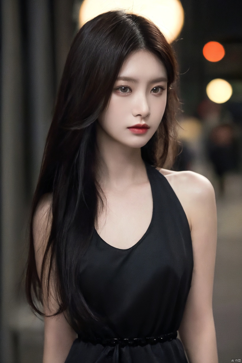 (mature body), (upper body:1.5), nikon RAW photo,8 k, Fujifilm XT3,masterpiece, best quality, realistic, photorealistic, ultra detailed, extremely detailed face, solo,1girl, standing, fashionable and trendy atmosphere, and a stylish expression on her face, close up, (narrow waist), black dress, walking, at the dark streets, moonrise, sleeveless, fabric clothes,