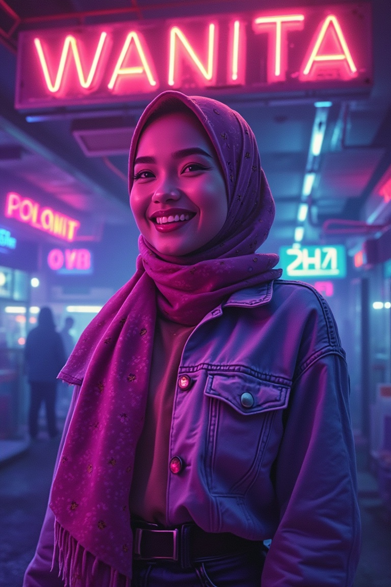 A Moebius-inspired 80's magazine-style poster,  titled WANITA,  featuring a Malay woman with a small flower pattern hijab...