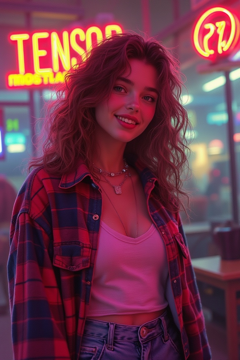 A Moebius-inspired 80's magazine cover,  titled TENSOR,  featuring a woman with a warm smile. She wears a flannel shirt on...