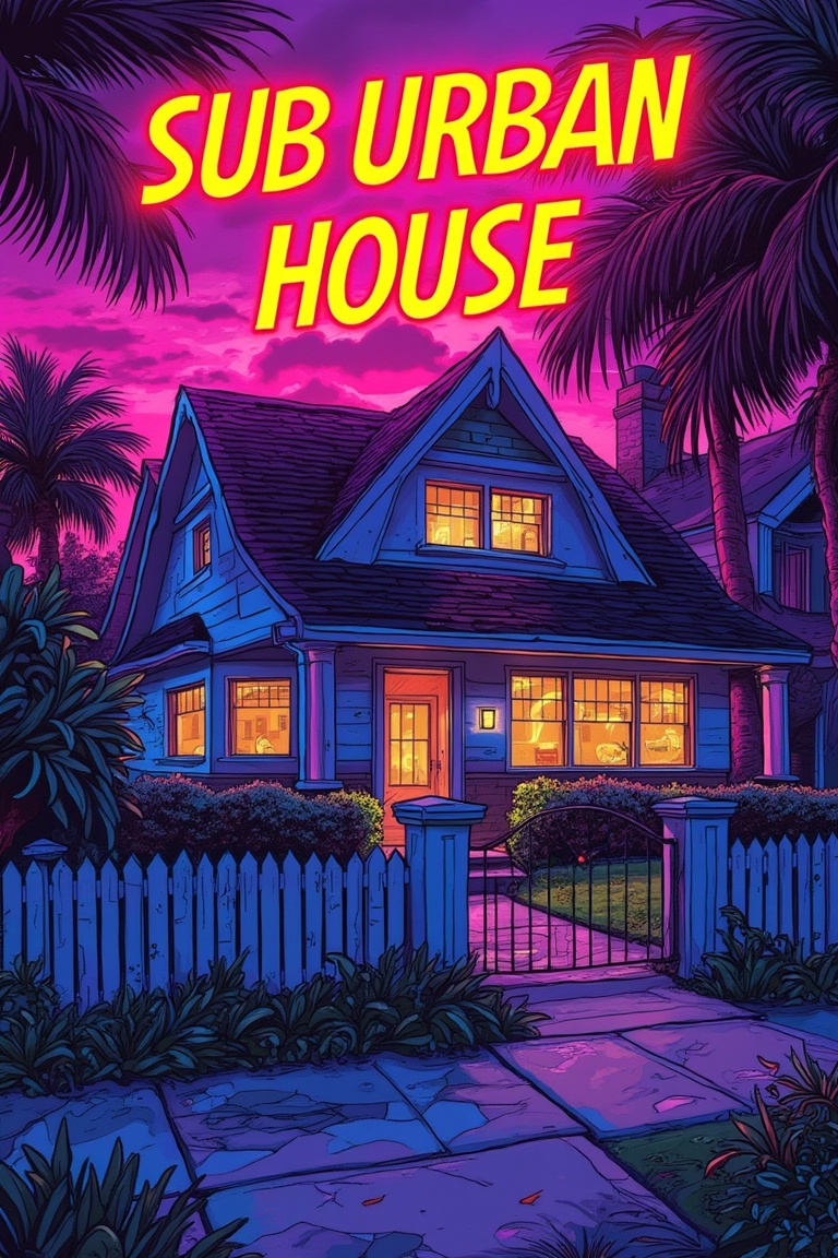 A Moebius-inspired 80's magazine-style illustration of a suburban house,  set against a vibrant,  retro-futuristic backdro...