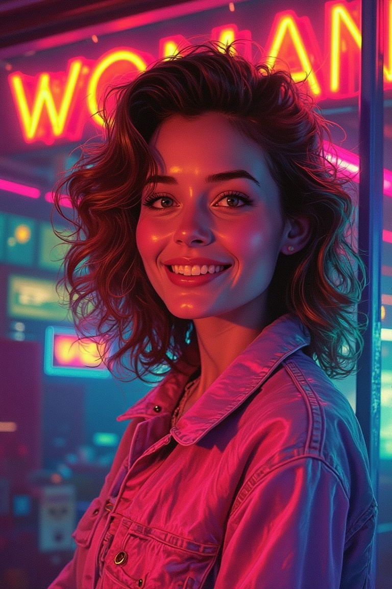 A Moebius-inspired 80's magazine-style illustration featuring a woman with a warm smile. She stands confidently in a retro...