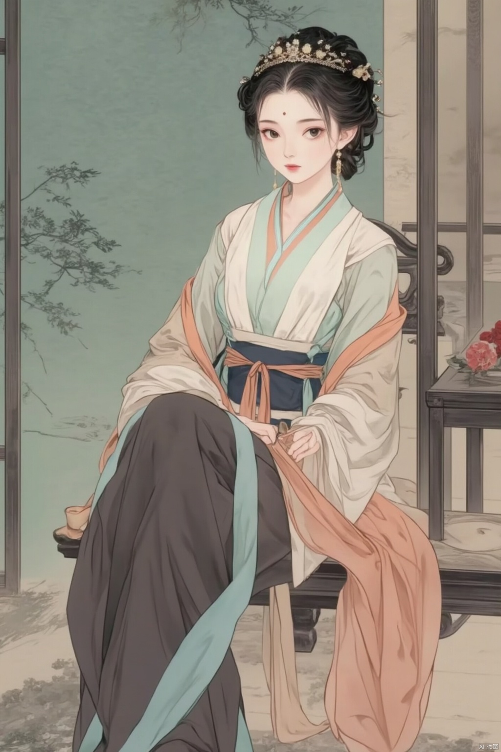  1girl,upper body,looking at viewer,upperbody,out doors,,sitting on chair,shinv,xwhd,hanfu