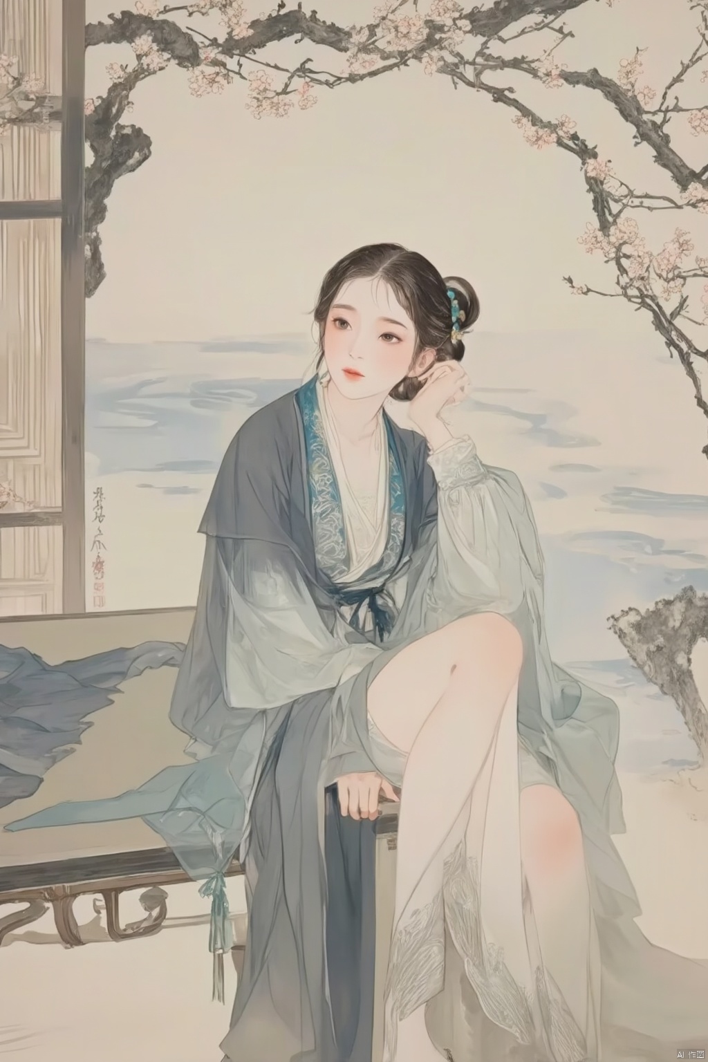  1girl,upper body,looking at viewer,upperbody,out doors,,sitting on chair,shinv,xwhd,hanfu