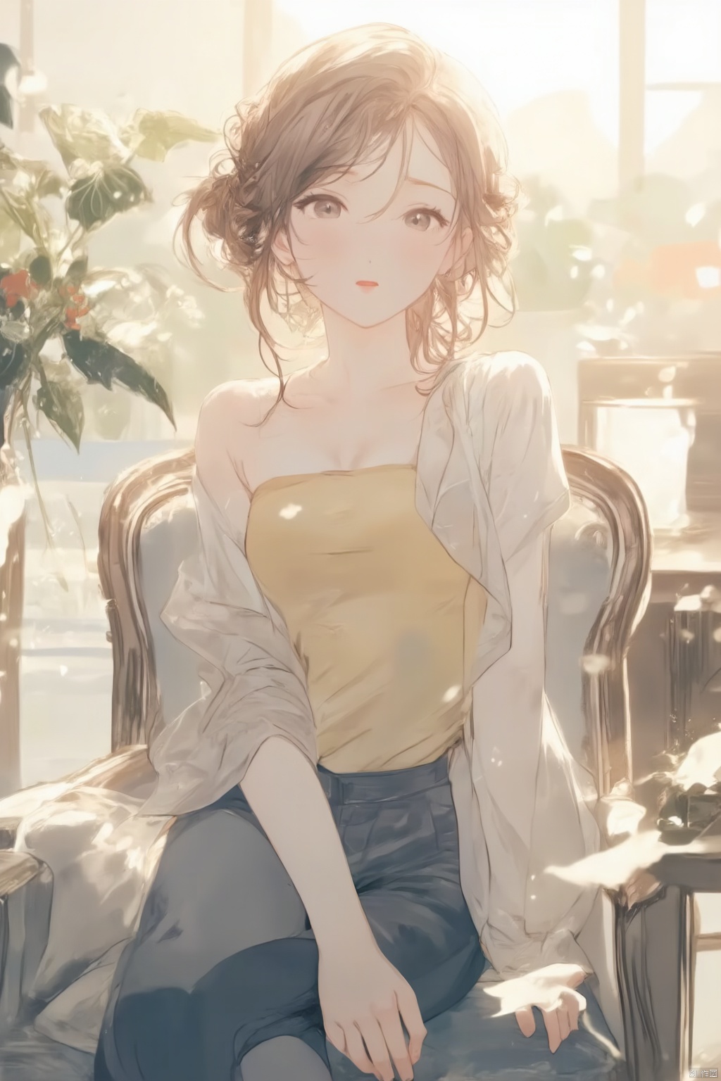  1girl,upper body,looking at viewer,upperbody,out doors,,sitting on chair,shinv,xwhd