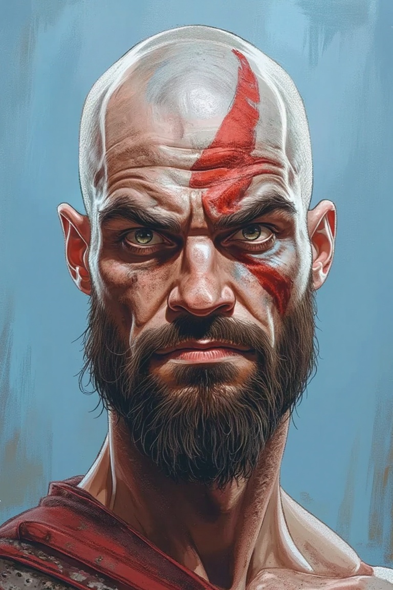 caricature potrait of kratos god of war. the background is light blue. (in the style of t0k) on Tensor.Art