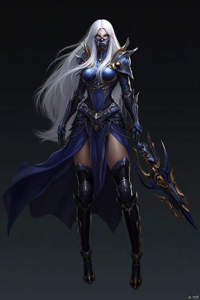 A stunning warrior maiden stands tall, her long white hair flowing down her back. She wears a blue armored dress with gold trim, adorned with shoulder armor and gauntlets. Her thighs are encased in thigh-highs, and she dons black boots with armor plating. A mask covers her face, adding to her enigmatic aura. In one hand, she holds a staff, while the other grasps a weapon at her side. The scene is set against a dark background, highlighting her imposing figure, ready for battle.