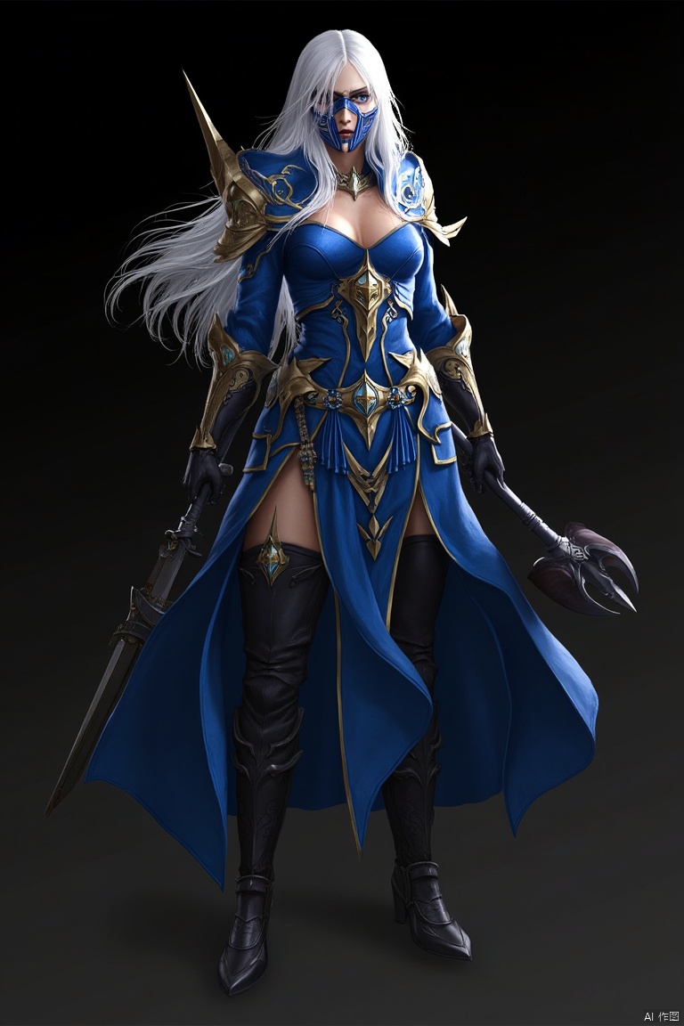 A stunning warrior maiden stands tall, her long white hair flowing down her back. She wears a blue armored dress with gold trim, adorned with shoulder armor and gauntlets. Her thighs are encased in thigh-highs, and she dons black boots with armor plating. A mask covers her face, adding to her enigmatic aura. In one hand, she holds a staff, while the other grasps a weapon at her side. The scene is set against a dark background, highlighting her imposing figure, ready for battle.
