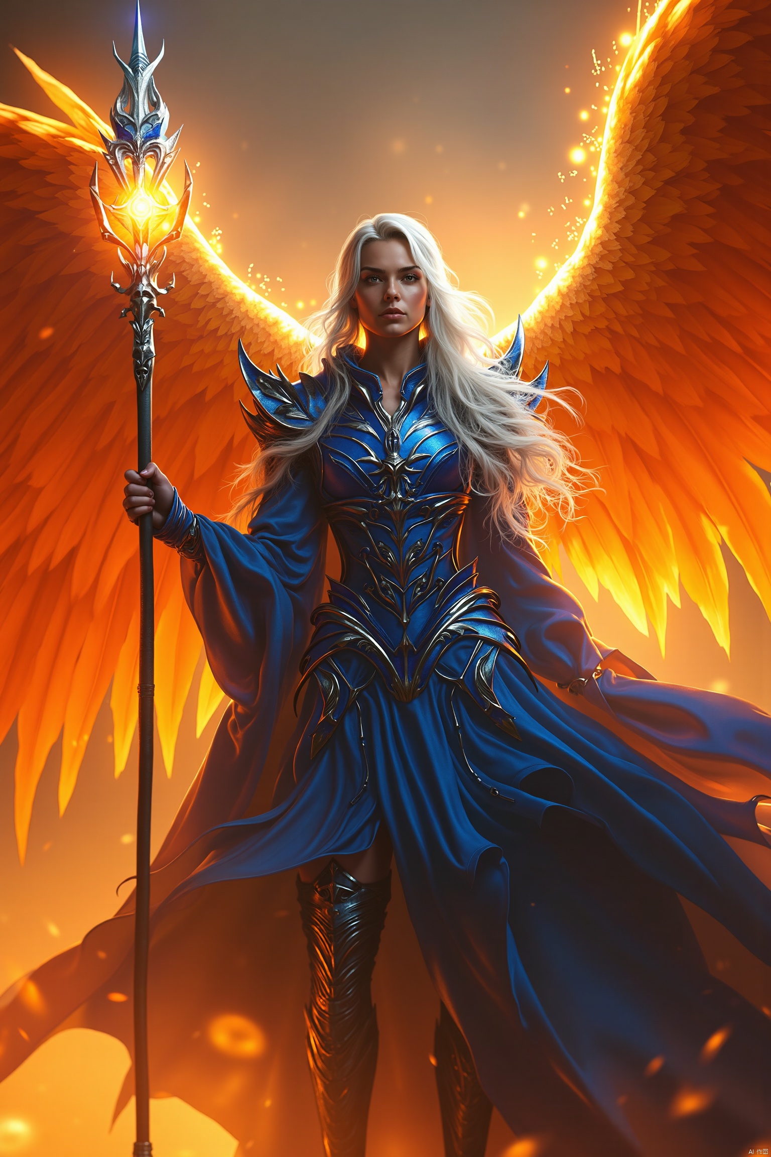 A majestic sorceress clad in shimmering blue armor stands amidst a fiery glow. Her long white hair flows like silk in the flames' warmth. Her wings, ablaze with fiery feathers, stretch out to either side as she holds her staff aloft, channeling mystical energy. The camera frames her in a golden light, with dark shadows accentuating the dramatic pose.