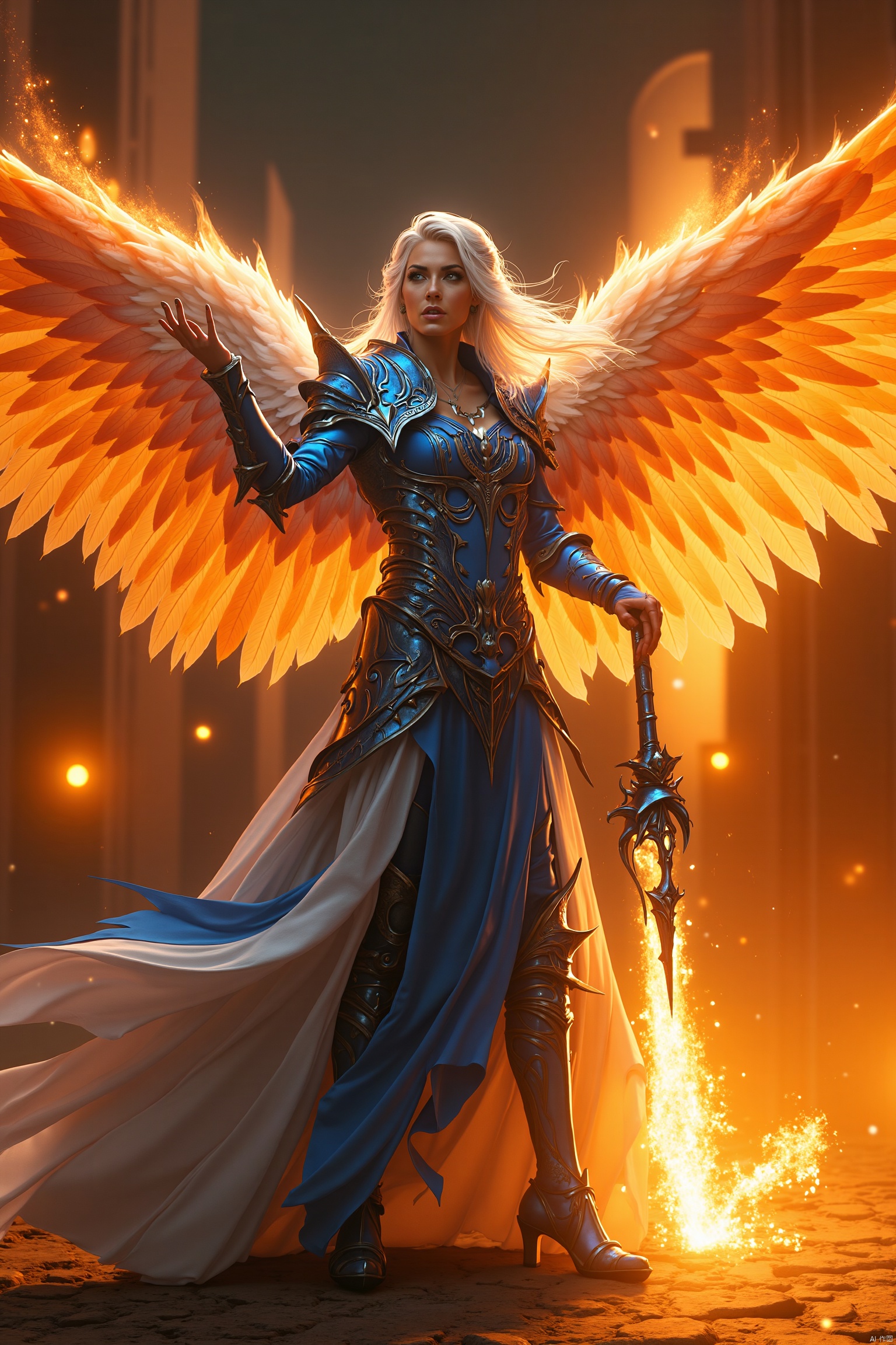 A majestic sorceress clad in shimmering blue armor stands amidst a fiery glow. Her long white hair flows like silk in the flames' warmth. Her wings, ablaze with fiery feathers, stretch out to either side as she holds her staff aloft, channeling mystical energy. The camera frames her in a golden light, with dark shadows accentuating the dramatic pose.