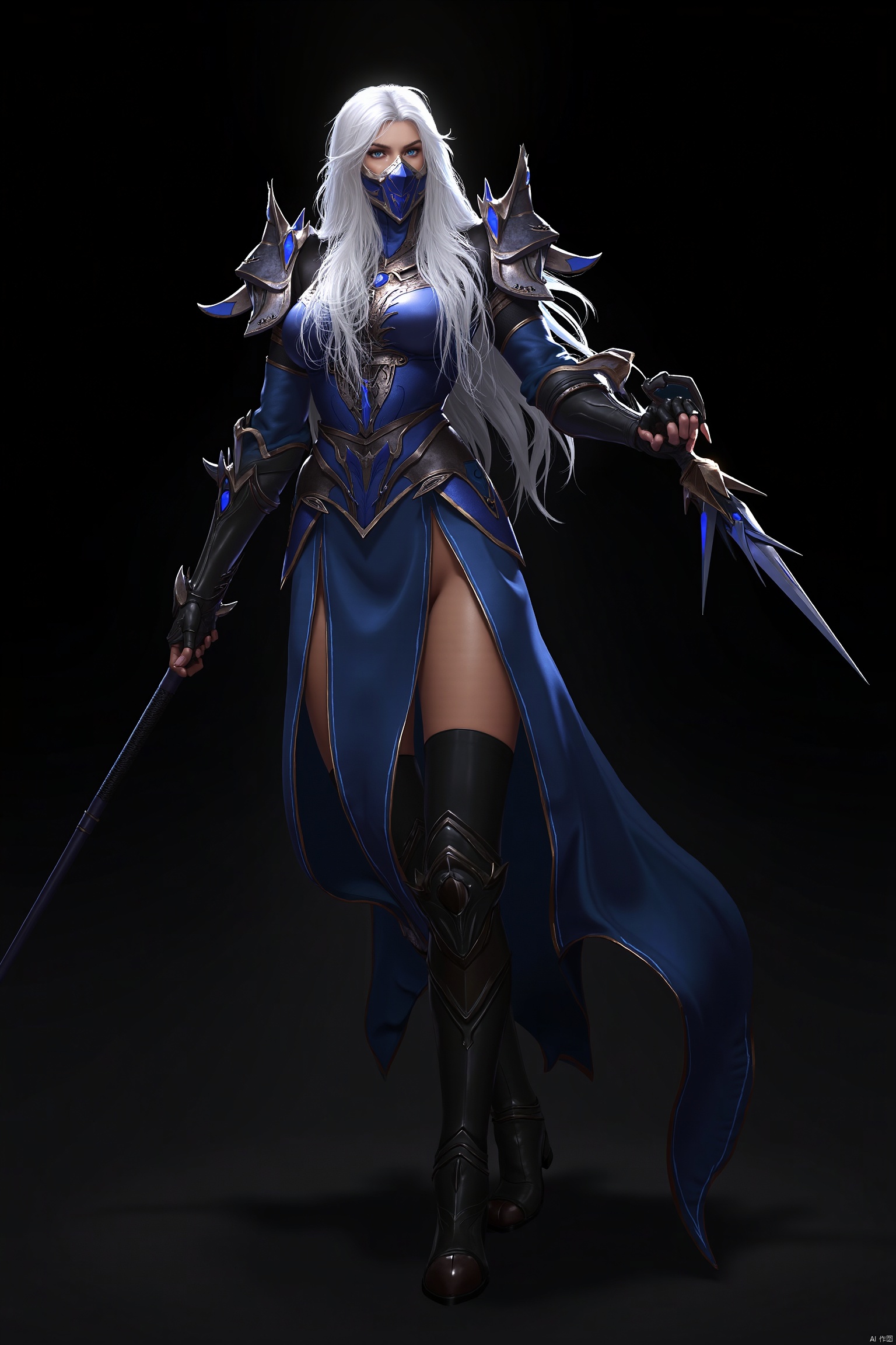 A stunning warrior maiden stands tall, her long white hair flowing down her back. She wears a blue armored dress with gold trim, adorned with shoulder armor and gauntlets. Her thighs are encased in thigh-highs, and she dons black boots with armor plating. A mask covers her face, adding to her enigmatic aura. In one hand, she holds a staff, while the other grasps a weapon at her side. The dark background highlights her imposing figure, ready for battle.
