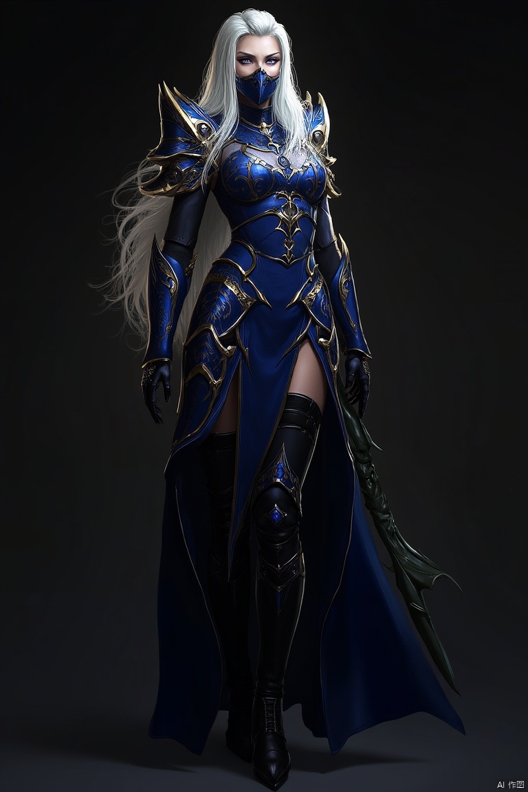 A stunning warrior maiden stands tall, her long white hair flowing down her back. She wears a blue armored dress with gold trim, adorned with shoulder armor and gauntlets. Her thighs are encased in thigh-highs, and she dons black boots with armor plating. A mask covers her face, adding to her enigmatic aura. In one hand, she holds a staff, while the other grasps a weapon at her side. The dark background highlights her imposing figure, ready for battle.
