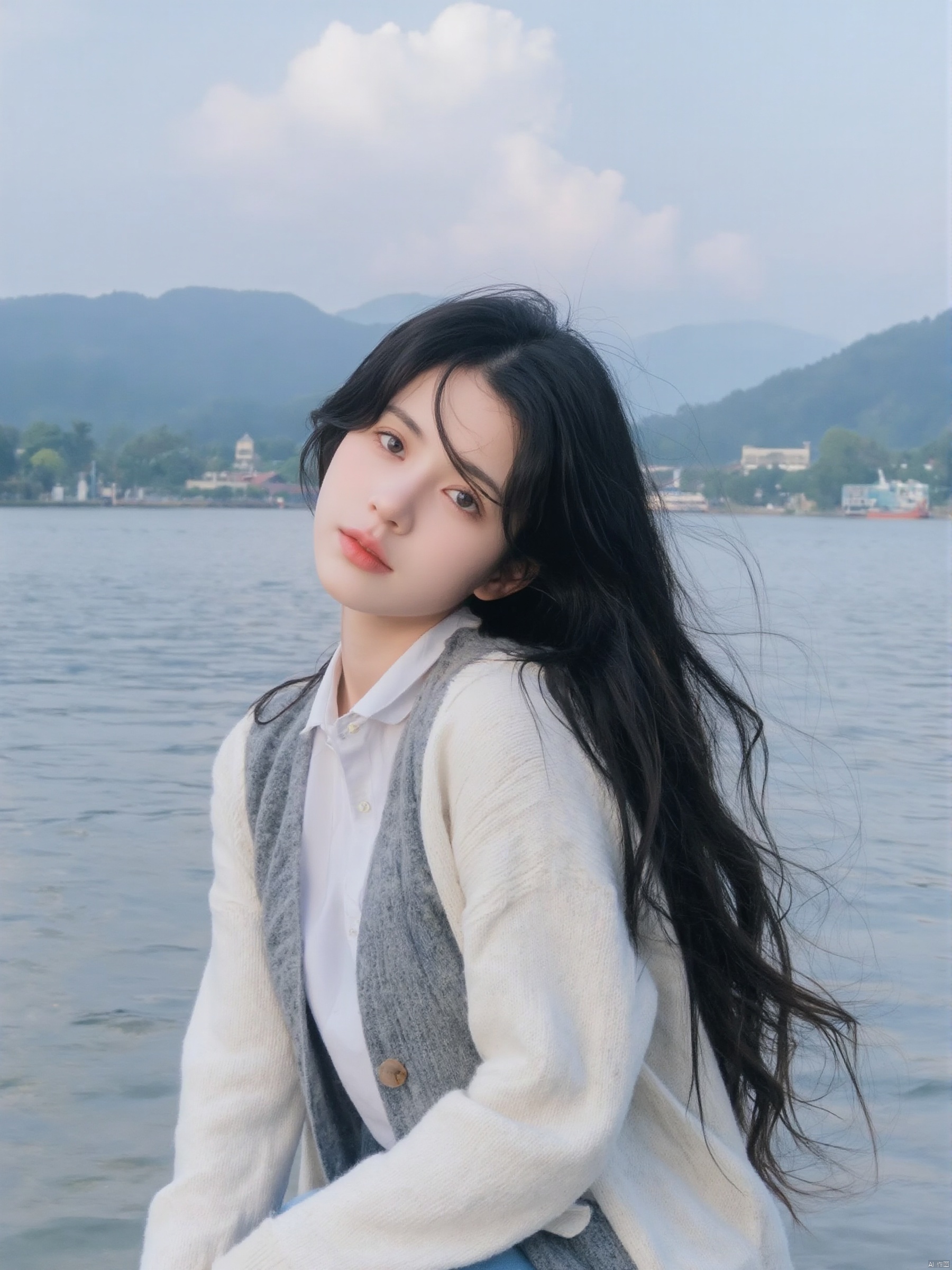 A young Asian woman with long black hair, wearing a white cardigan and gray vest. She stood by the riverbank, with lakes and mountains in the background. The sky is filled with white clouds, adding a touch of color to the scene.