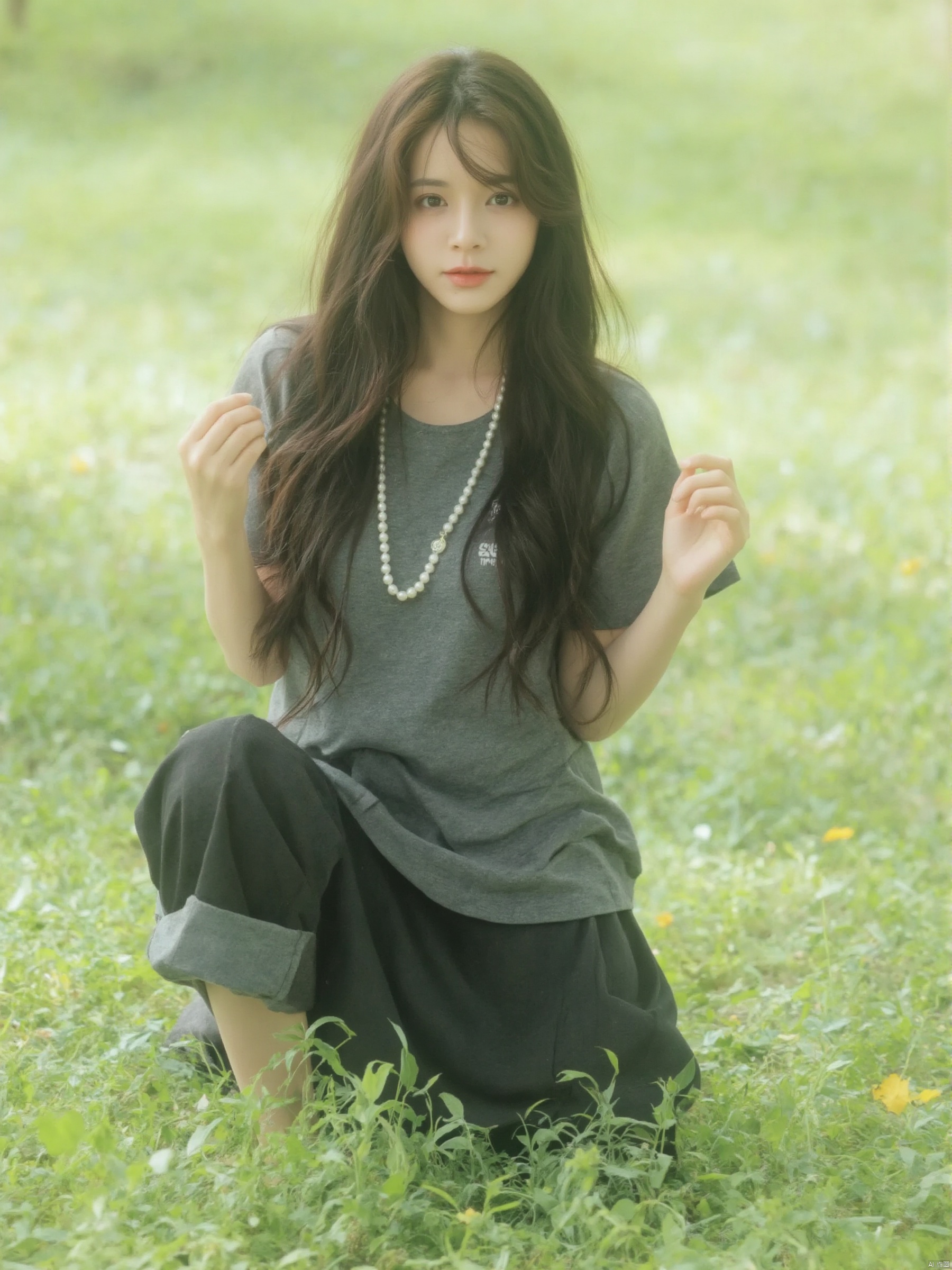 a young Asian woman with long dark brown hair is seated on a lush green grass field. She is dressed in a gray t-shirt, adorned with white pearls strung across her neck, adding a touch of charm to her outfit. Her expression is neutral, with a slight smile on her face. The woman's left hand is raised in the air, while her right hand rests on her hip. The background is blurred, suggesting a peaceful, sunny day.