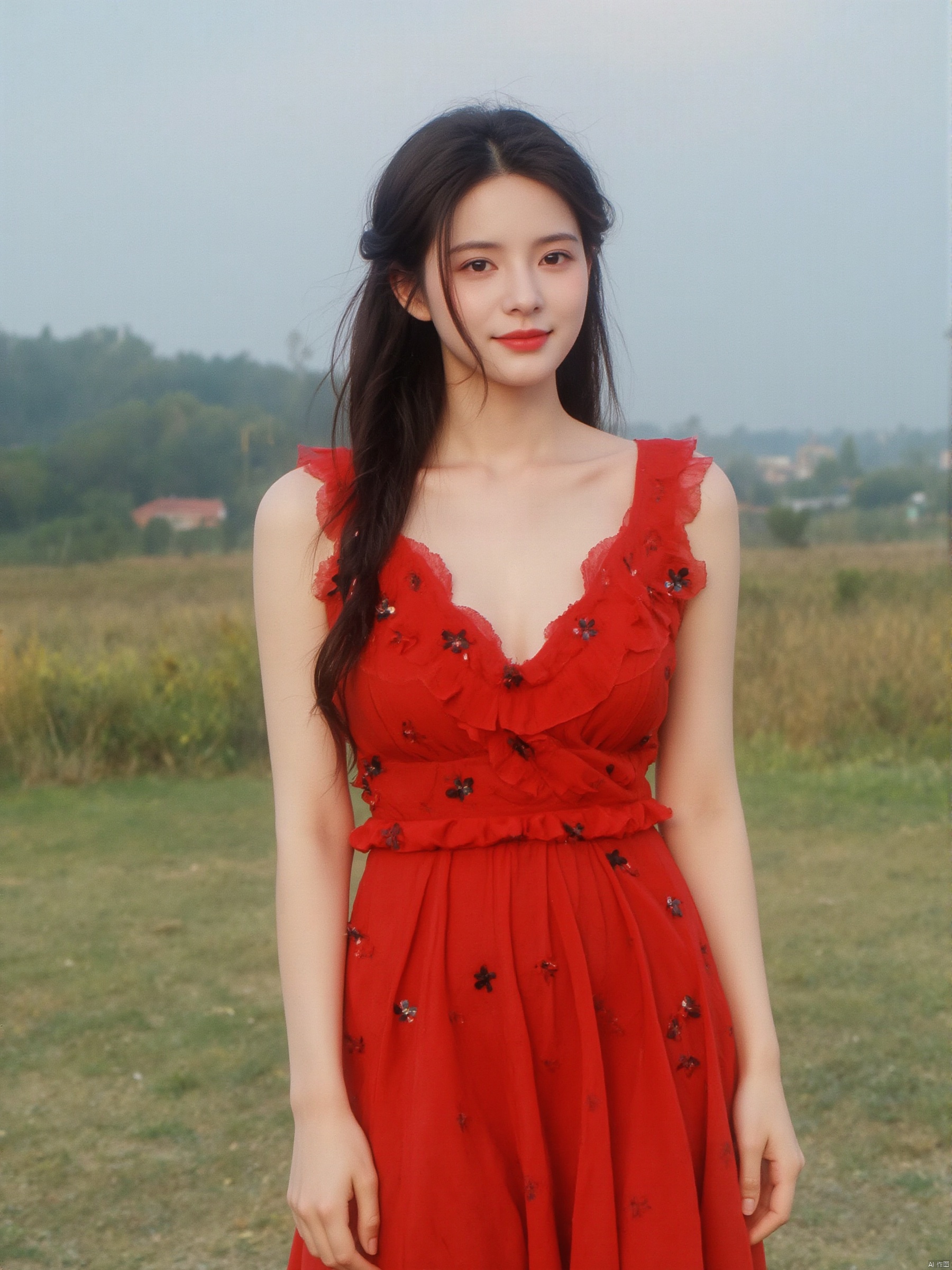 a young Asian woman stands in a vibrant red sleeveless dress adorned with black flowers. Her hair is pulled back, cascading over her shoulders, adding a touch of warmth to her face. The dress is adorned with a deep V-neckline, adorned with small black flowers adorns the dress. She is smiling, her lips pursed, and her eyes are slightly open. The backdrop, a grassy field stretches out to the left of her, with a hill covered in trees and bushes in the distance. The sky is a muted blue, dotted with a few wispy clouds.