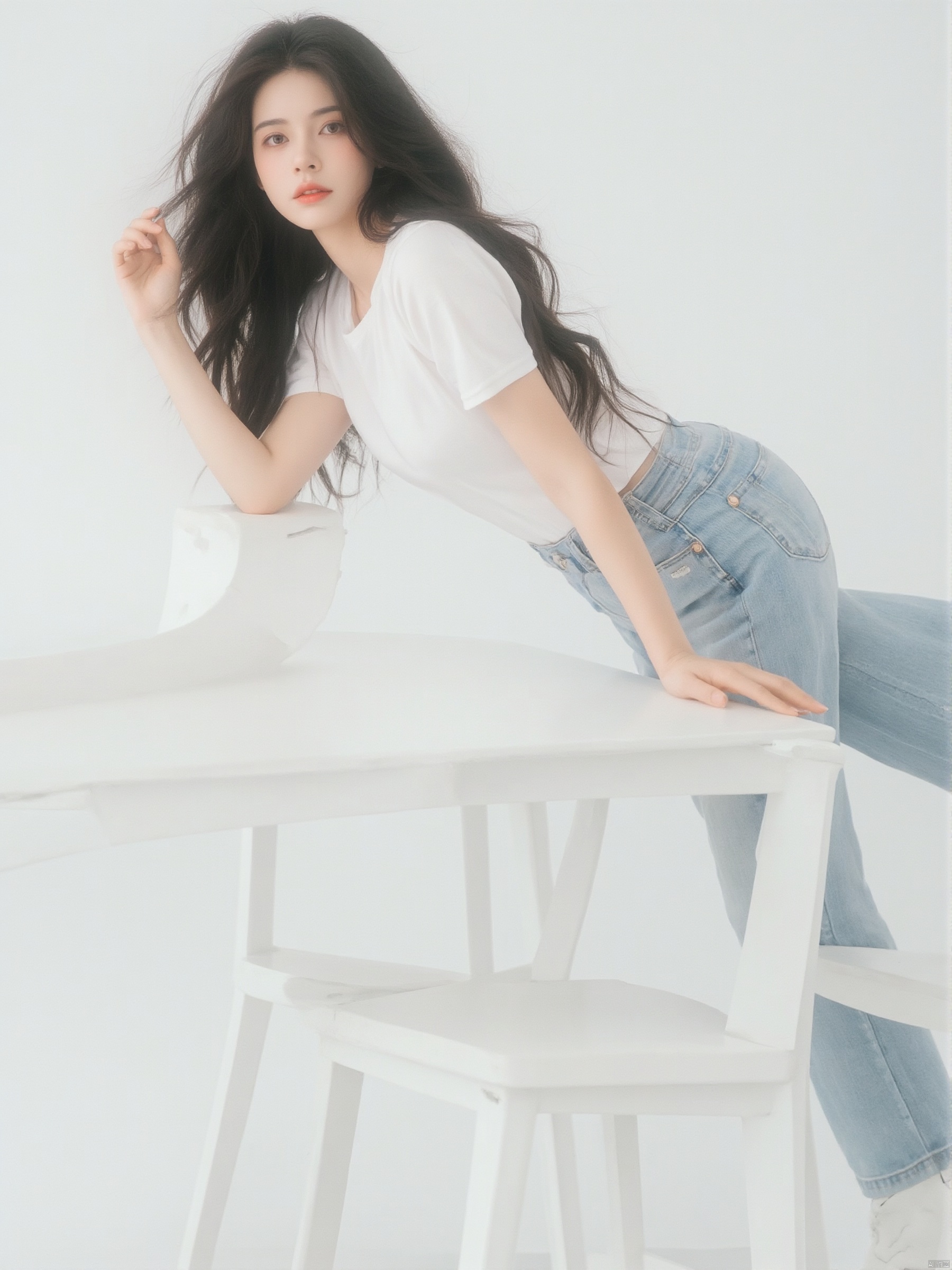 a young Asian woman with long dark brown hair, wearing a white short-sleeved t-shirt and jeans, is leaning on a white table. Her left hand is resting on the table, adding a touch of touch to the scene. The backdrop is a stark white wall, creating a stark contrast to the woman's white shirt.