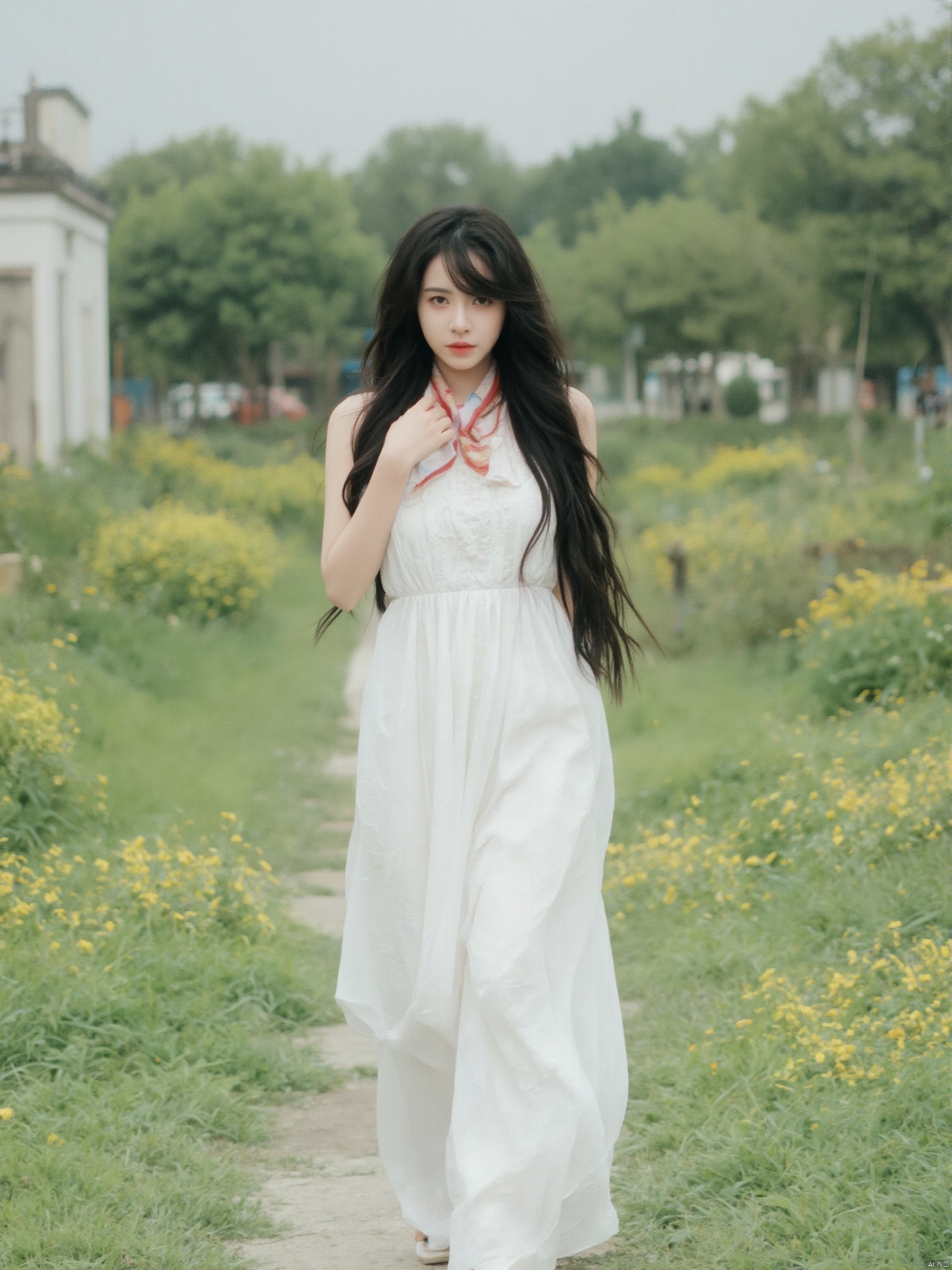 a young Asian woman with long black hair, wearing a white sleeveless dress and a red and white scarf tied around her neck. She is standing on a concrete walkway that is surrounded by lush green grass and yellow flowers. To the left of her, there is a white building with a black roof. In the background, there are trees and a gray sky.