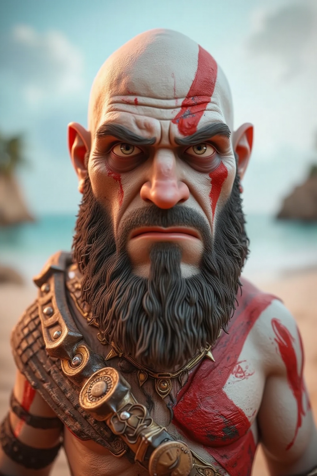 pix4rcaricatur3 potrait of kratos god of war. the background is blur beach. in the style of t0k on Tensor.Art