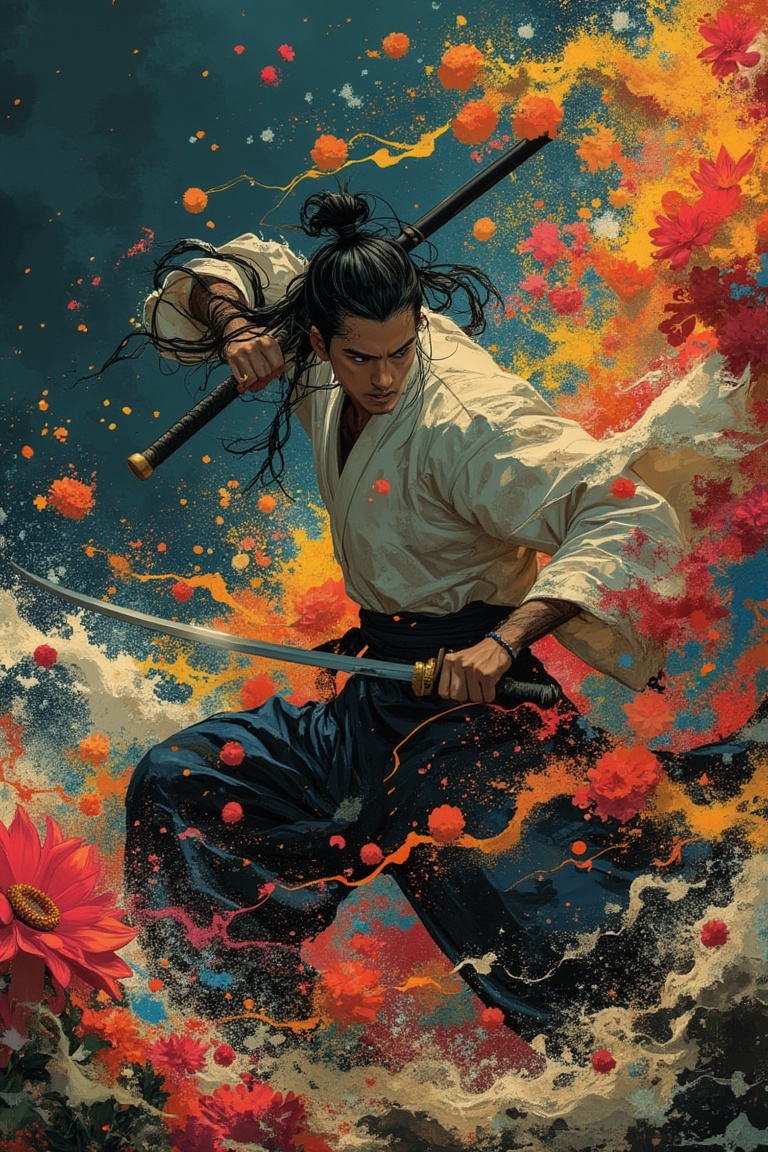 A manga-style full-body shot featuring a man,  inspired by Yakuza Kamui and Georgia O'Keeffe's art,  engaged in a fierce f...