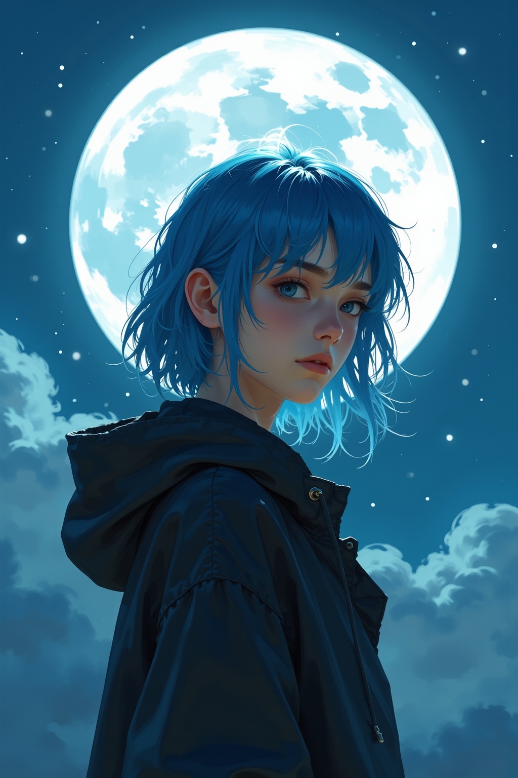 hyper realistic high-resolution woman with blue hair standing in the middle of the moon,  in the style of edgy caricatures...
