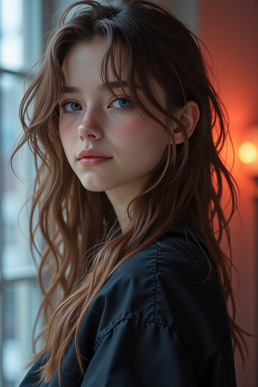 A stunningly beautiful slim 20 year old with brown hair blonde highlights and unique make is wearing goth clothes and smil...