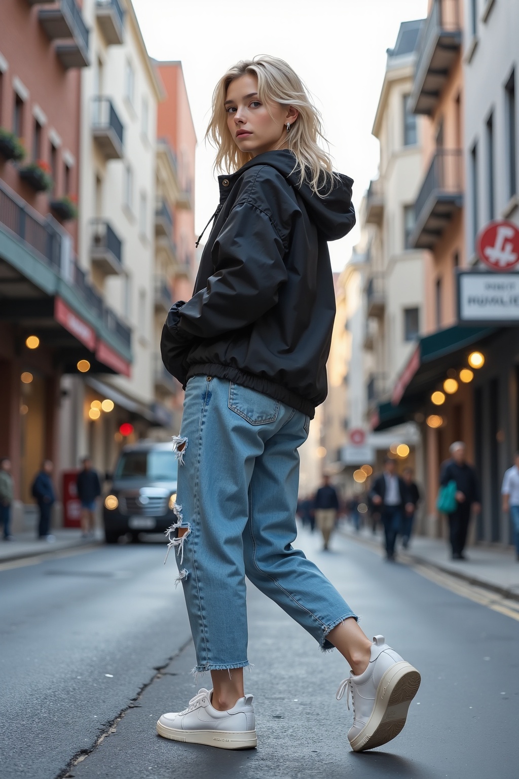 Setting: A bustling city street with modern architecture and vibrant street art. Outfit: Casual,  trendy outfit with a mix...