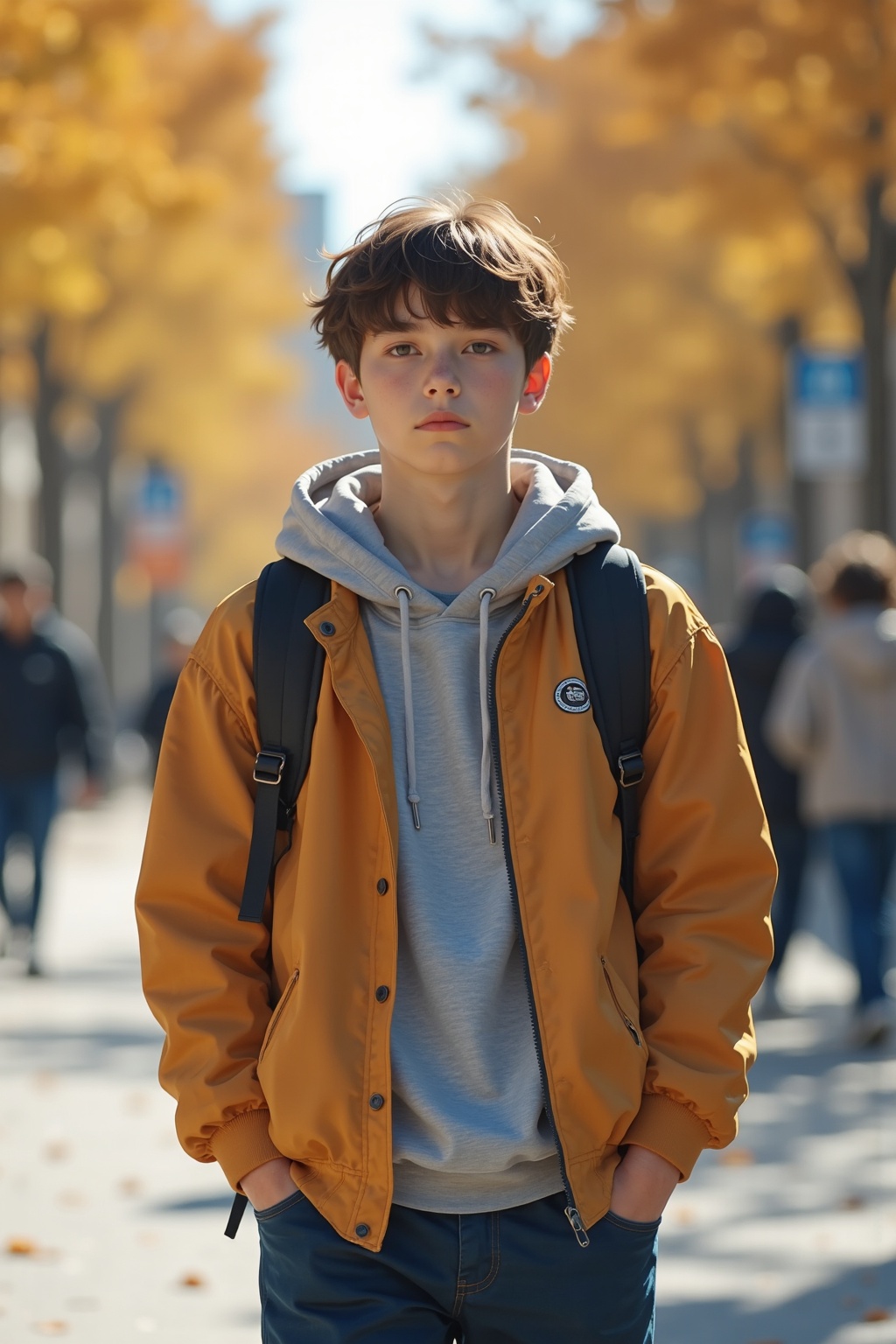 a young college student,  walking on the street,  campus background on Tensor.Art