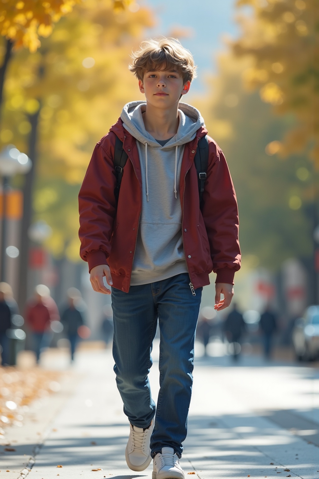 a young college student,  walking on the street,  campus background on Tensor.Art