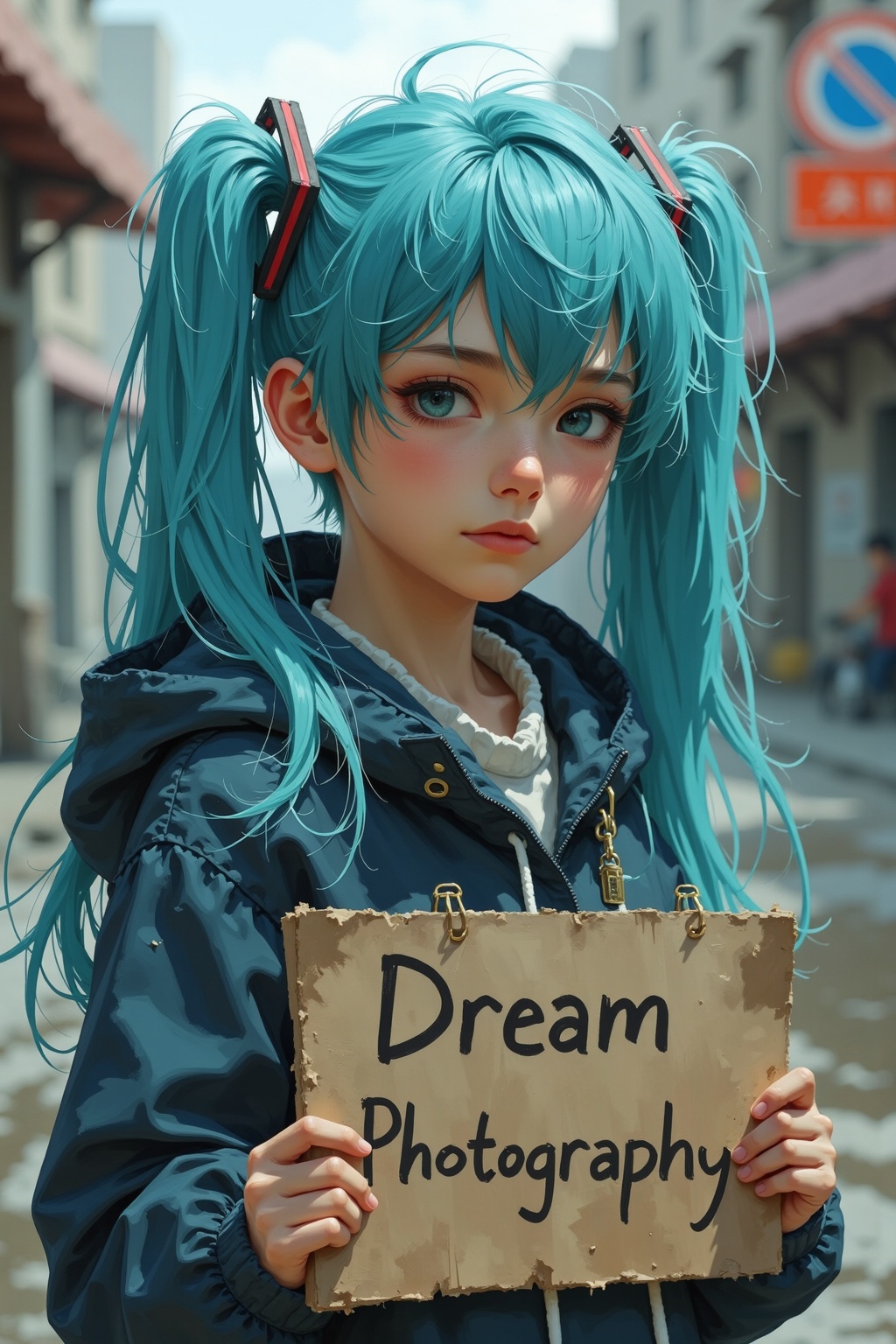 poor dirty Hatsune Miku on a dirty dingy street corner begging,  she is holding a sign that reads "Dream Photography" writ...