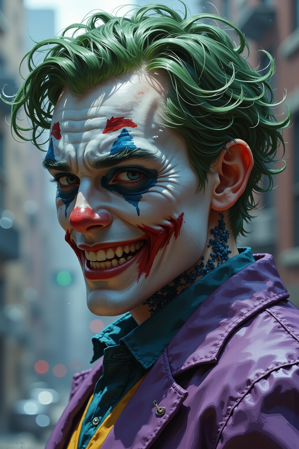 hyper realistic high-resolution image,  mix of The Joker a zombie and cyborg ,  cyborg skull on Tensor.Art