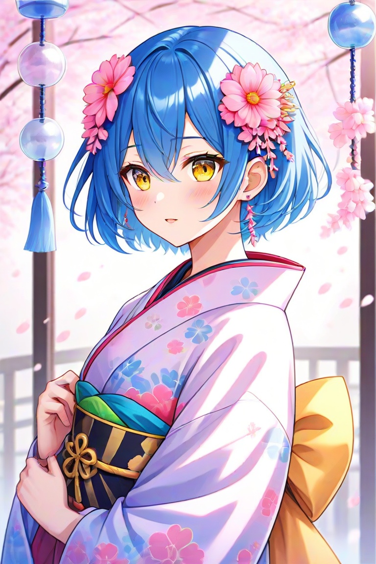 1girl, solo, short hair, bangs, hair ornament, hair between eyes, jewelry, blue hair, yellow eyes, flower, earrings, parted lips, japanese clothes, virtual youtuber, hair flower, kimono, petals, cherry blossoms, pink flower, wind chime
