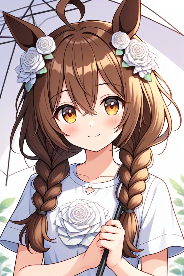 1girl, solo, long hair, looking at viewer, smile, bangs, brown hair, shirt, holding, animal ears, hair between eyes, brown eyes, closed mouth, yellow eyes, white shirt, upper body, braid, flower, ahoge, short sleeves, twin braids, rose, umbrella, horse ears, white flower, holding umbrella, white rose
