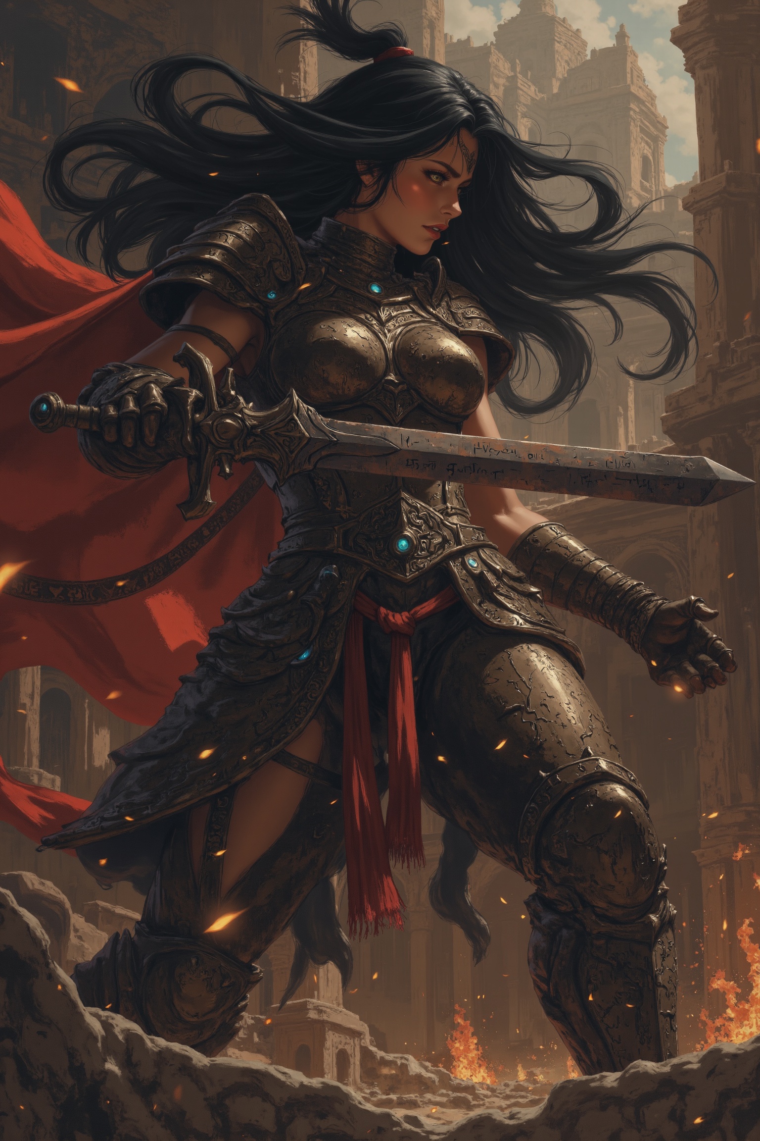 A high-resolution scene of a fierce female warrior in a dimly lit ancient temple. She stands strong with a powerful stance...