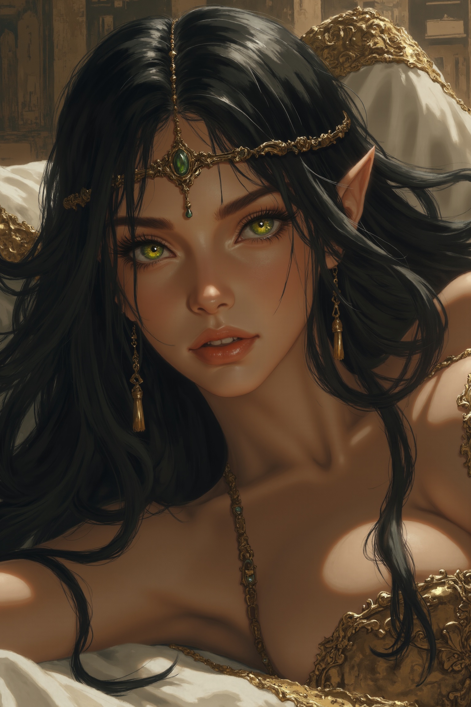 A high-resolution close-up of a female elf warrior with long black hair and striking green eyes,  wearing a delicate head...