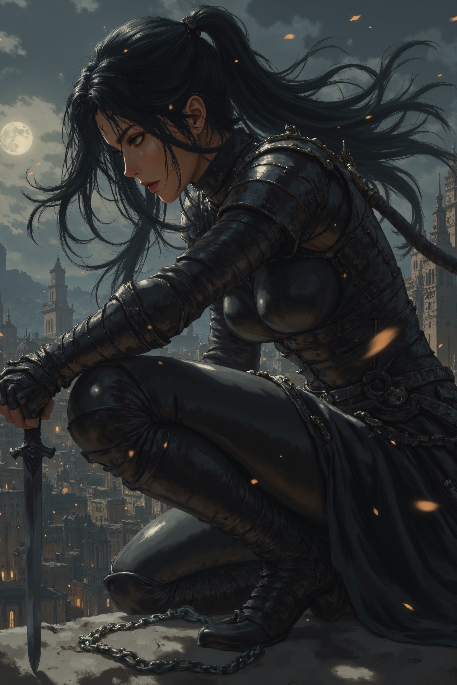 A high-resolution scene of a female assassin,  dressed in sleek black leather armor,  crouched atop a city rooftop under t...